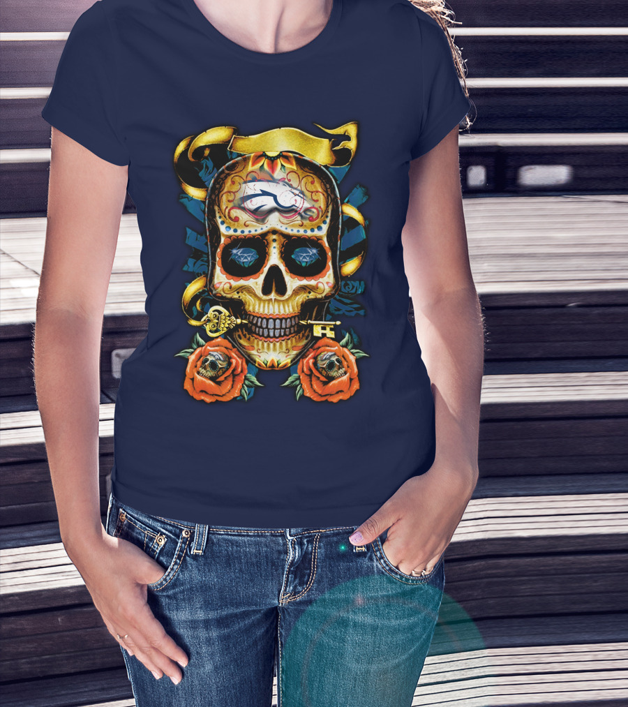 Denver Broncos 42 Sugar Skull Roses Key Ribbon T-Shirt