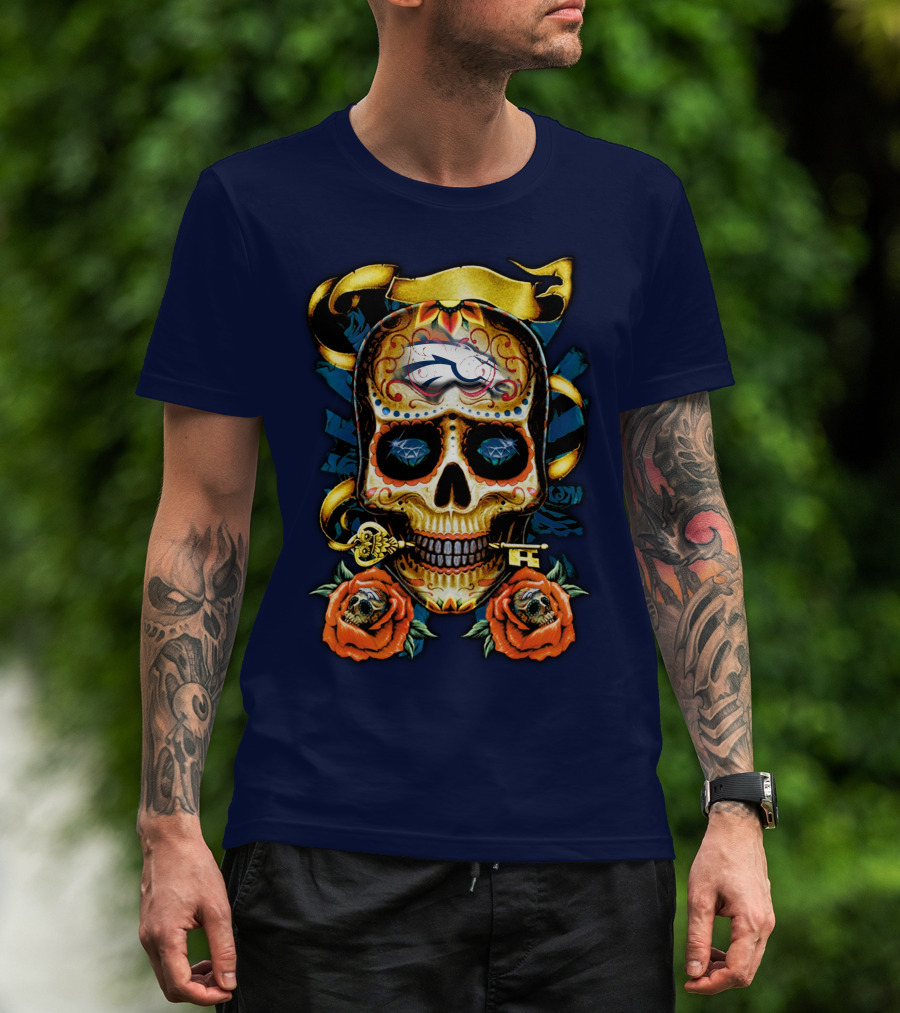 Denver Broncos 42 Sugar Skull Roses Key Ribbon T-Shirt