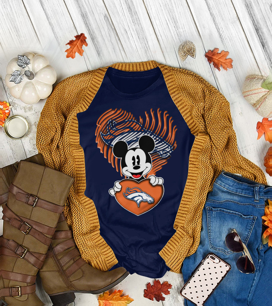 Mickey Mouse Holding Denver Broncos Logo Heart With Bronco Horse Outline T-Shirt