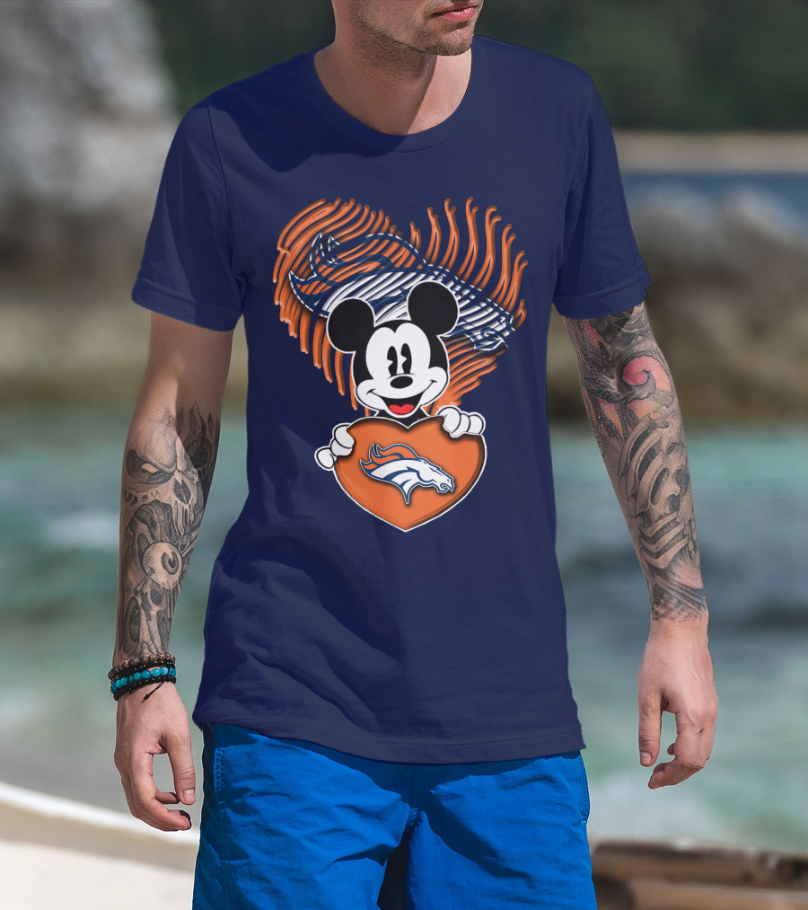 Mickey Mouse Holding Denver Broncos Logo Heart With Bronco Horse Outline T-Shirt
