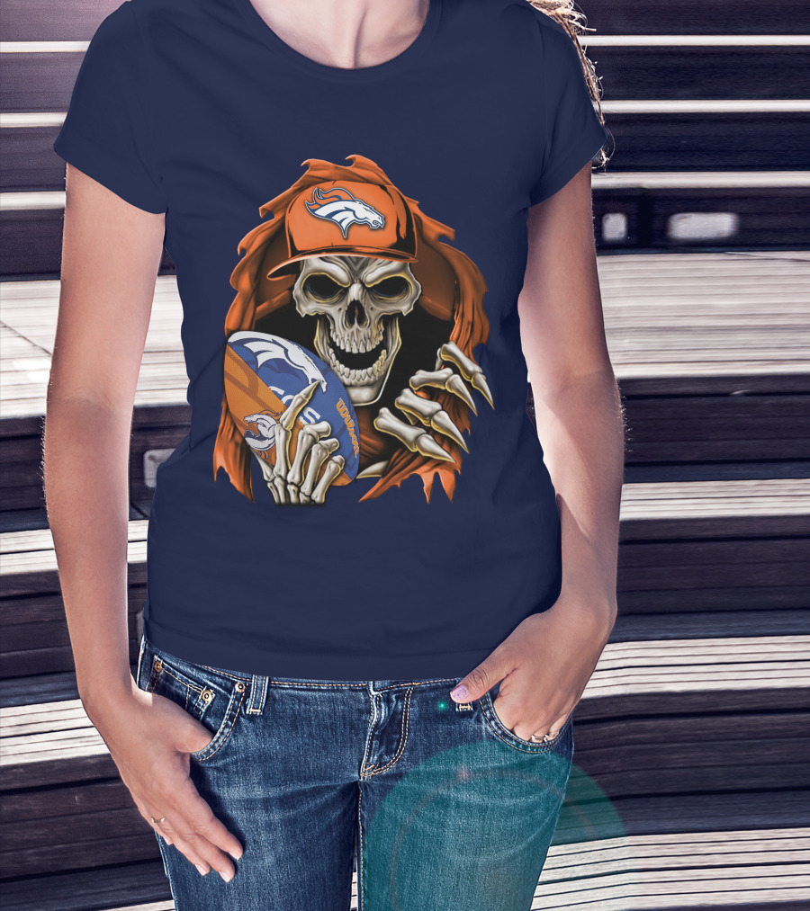 Skullbong Denver Broncos Skeleton Holding Football With Team Logo Helmet And Cap T-Shirt
