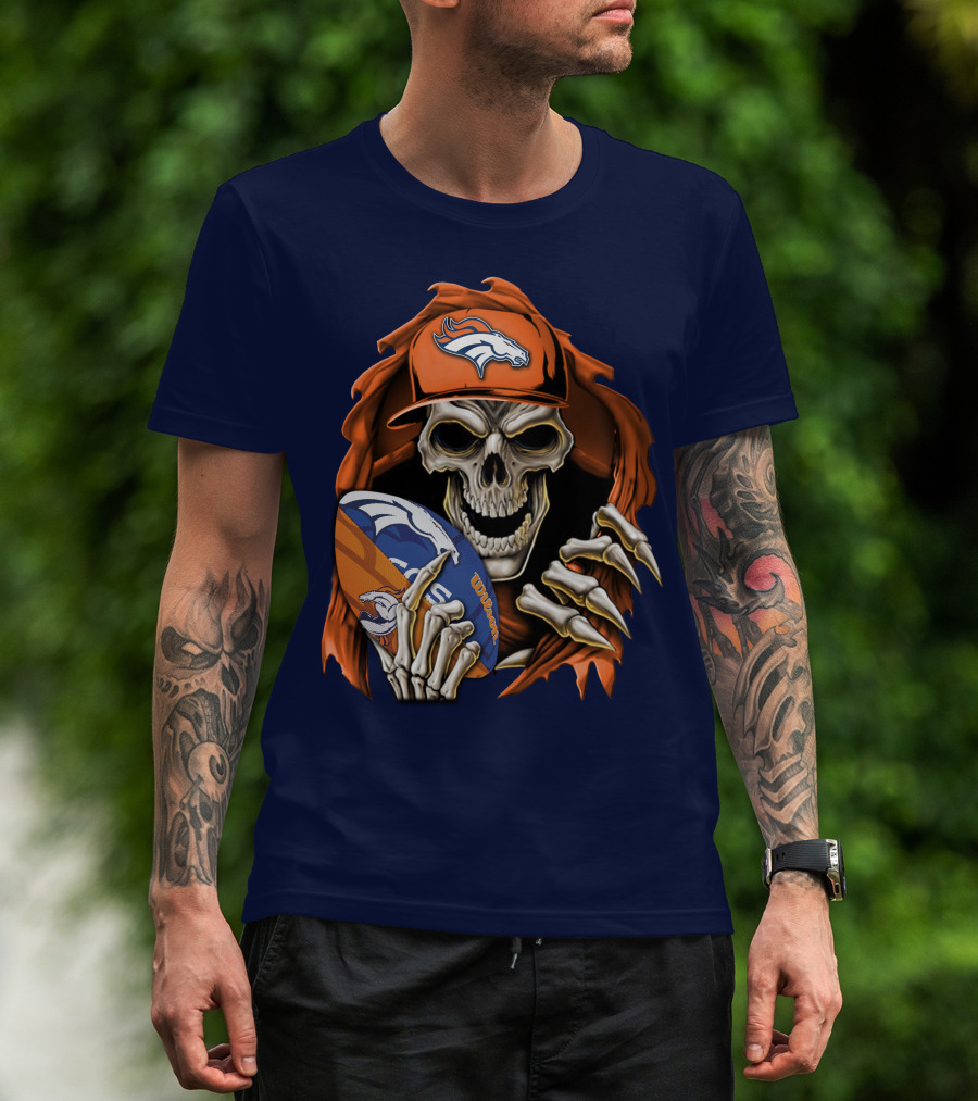 Skullbong Denver Broncos Skeleton Holding Football With Team Logo Helmet And Cap T-Shirt