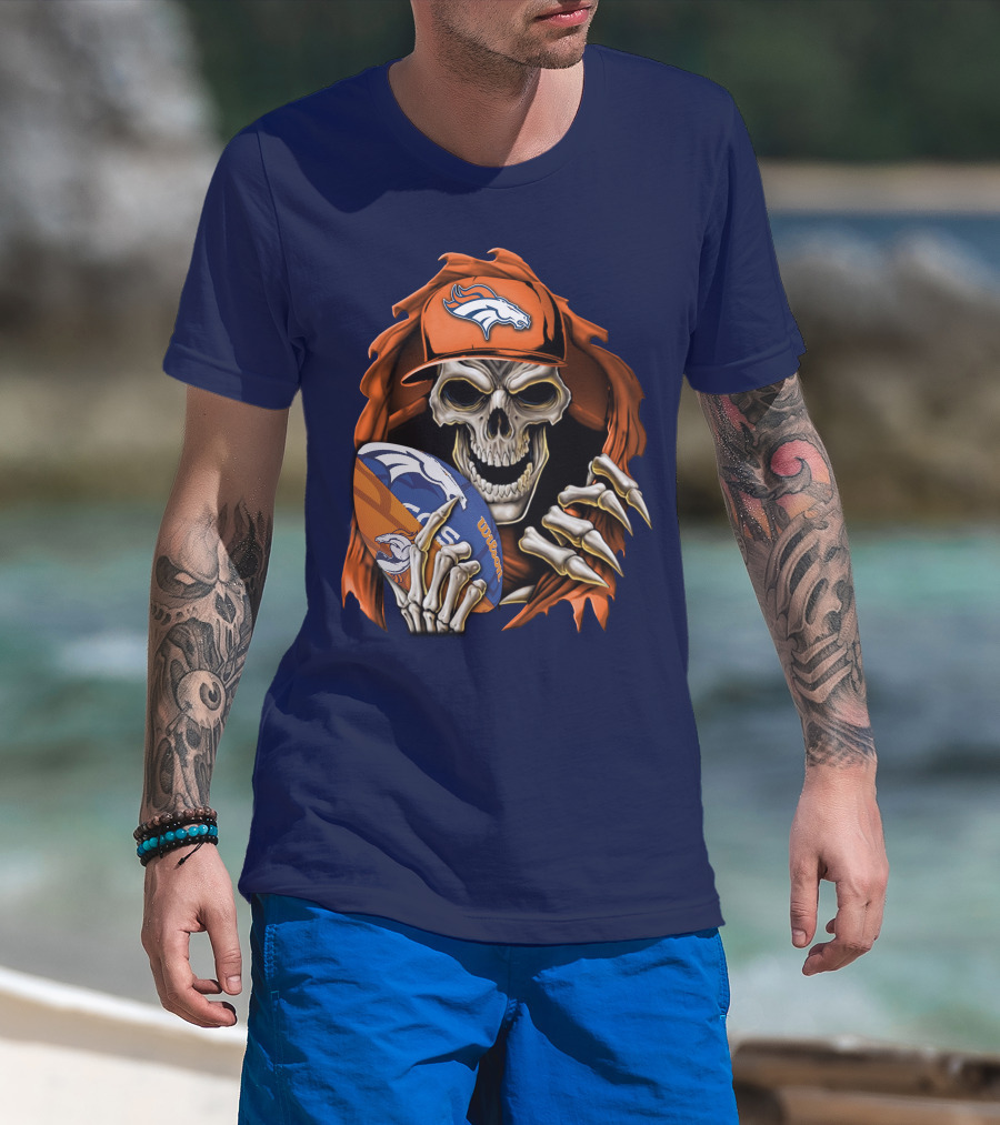 Skullbong Denver Broncos Skeleton Holding Football With Team Logo Helmet And Cap T-Shirt
