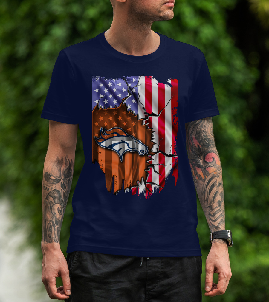 Flag V2 Denver Broncos American Flag Rip Style T-Shirt