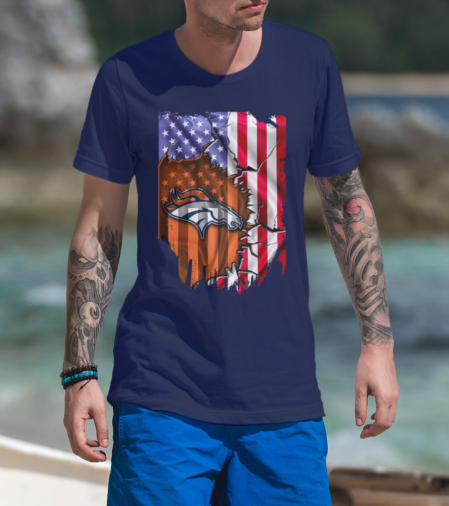 Flag V2 Denver Broncos American Flag Rip Style T-Shirt