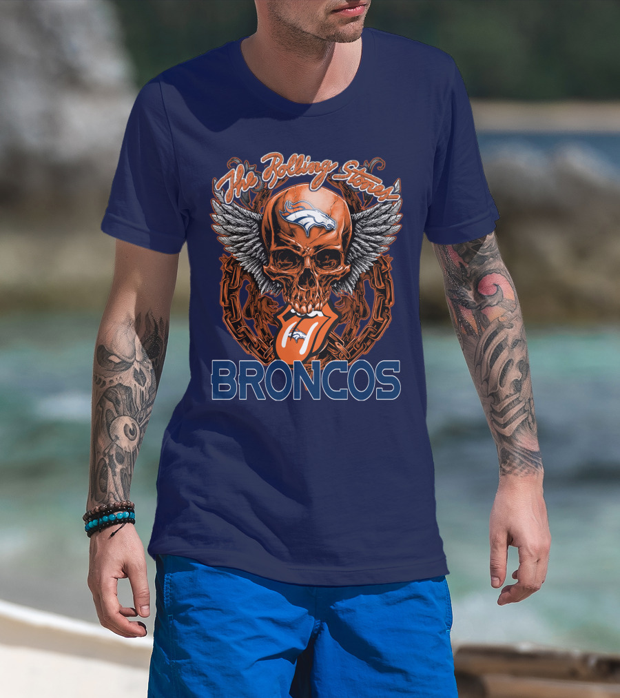 The Rolling Stones Broncos Winged Skull Denver Broncos Logo Tongue T-Shirt