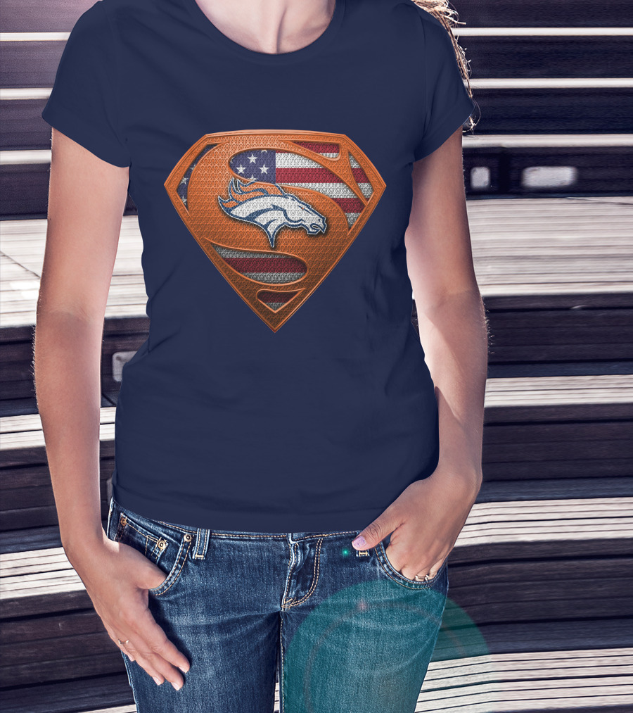 Denver Broncos Superhero Shield American Flag T-Shirt