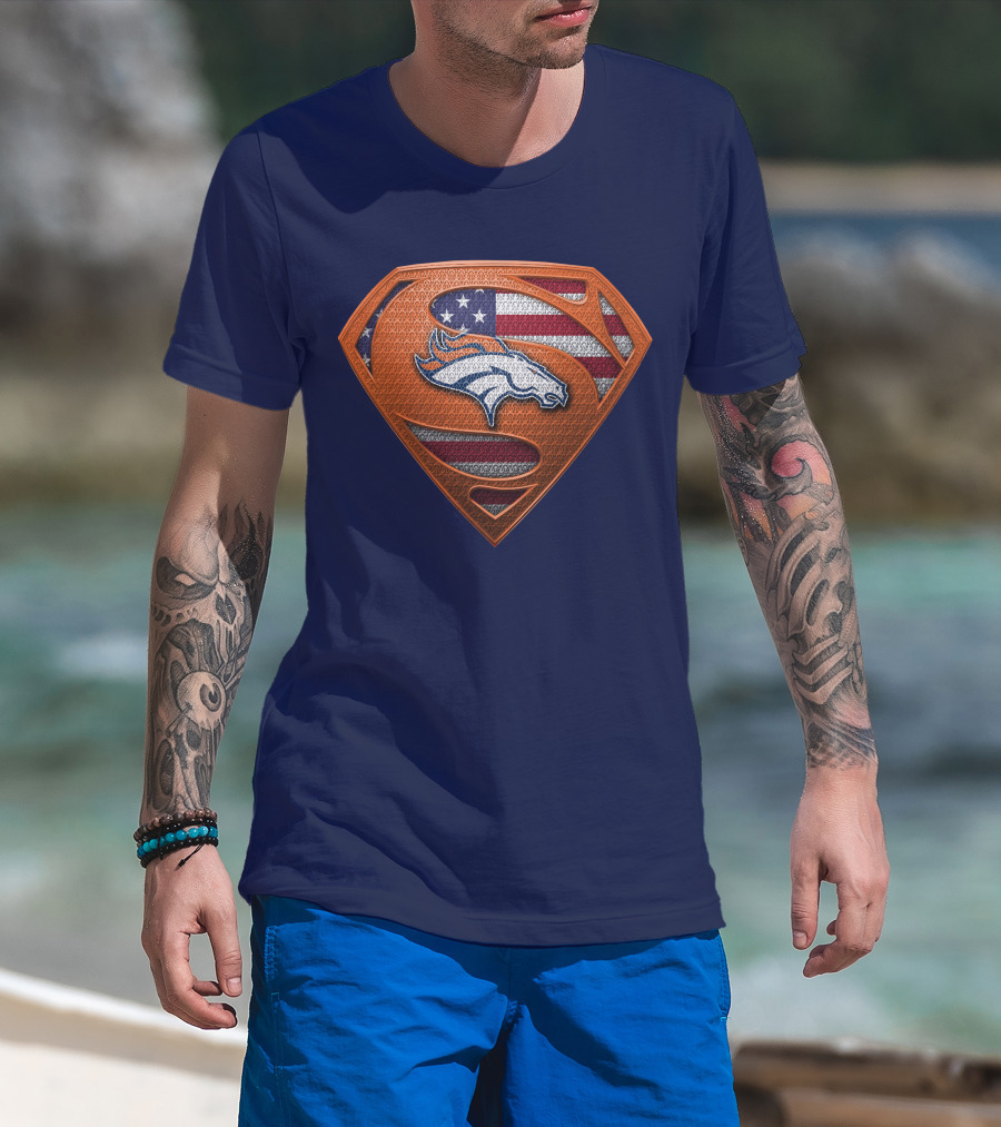 Denver Broncos Superhero Shield American Flag T-Shirt