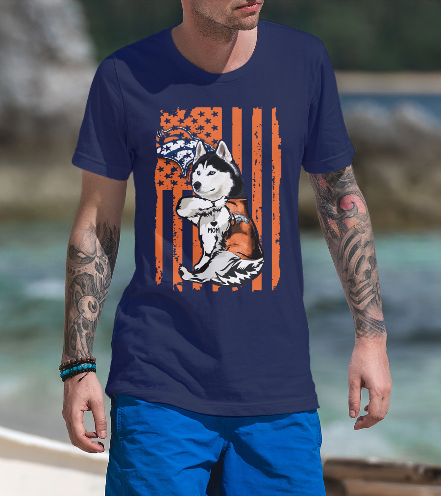 Siberian Husky Mom Denver Broncos Fan Usa Flag T-Shirt