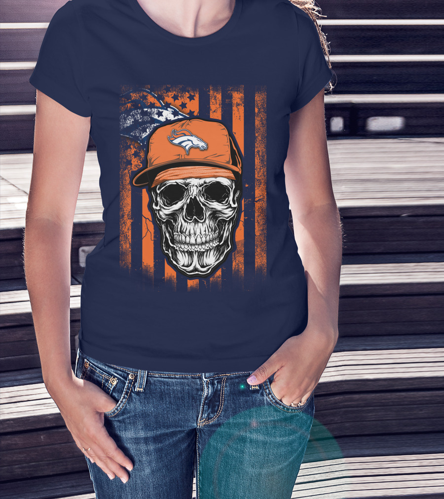 Skull V1 Denver Broncos Flag Style Football Skull Cap T-Shirt