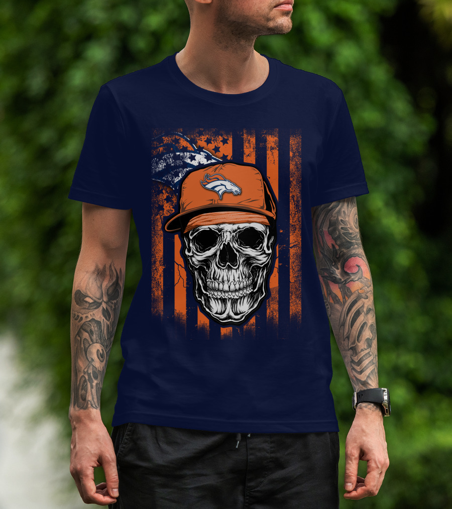 Skull V1 Denver Broncos Flag Style Football Skull Cap T-Shirt