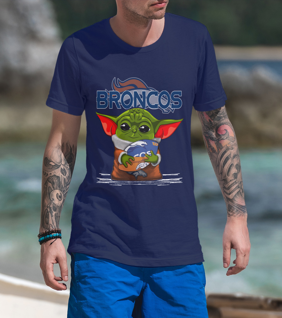 Yoda Holding Denver Broncos Logo With Baby Alien In Orange Robe T-Shirt