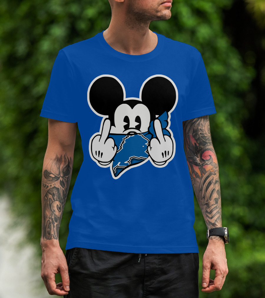 Detroit Lions 53 Mickey Mouse Gesture Blue Bandana T-Shirt