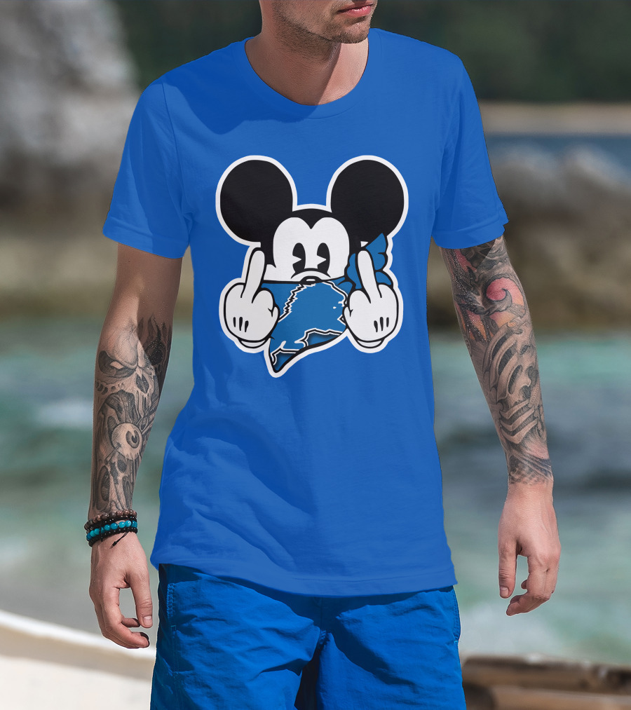 Detroit Lions 53 Mickey Mouse Gesture Blue Bandana T-Shirt