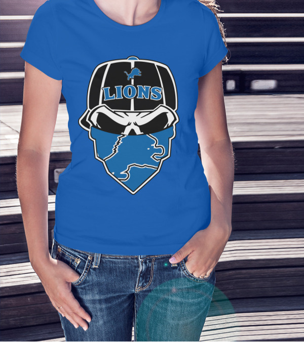 Detroit Lions Skull Bandana Cap Logo Blueprint T-Shirt