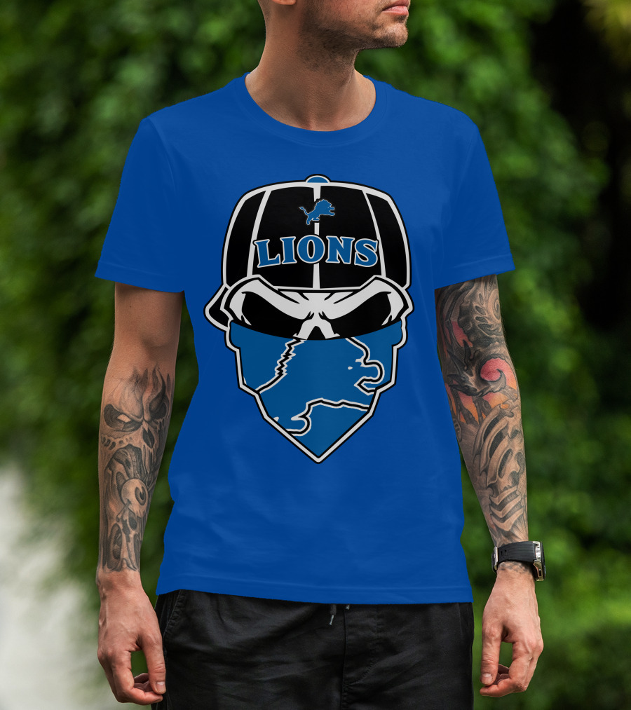 Detroit Lions Skull Bandana Cap Logo Blueprint T-Shirt