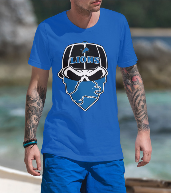Detroit Lions Skull Bandana Cap Logo Blueprint T-Shirt