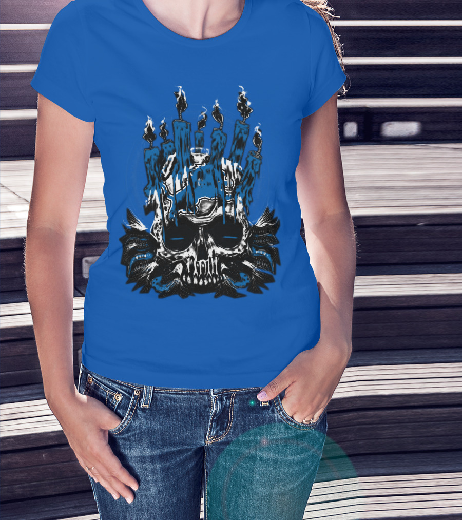 Detroit Lions Skull With Blue Flames And Candles T-Shirt