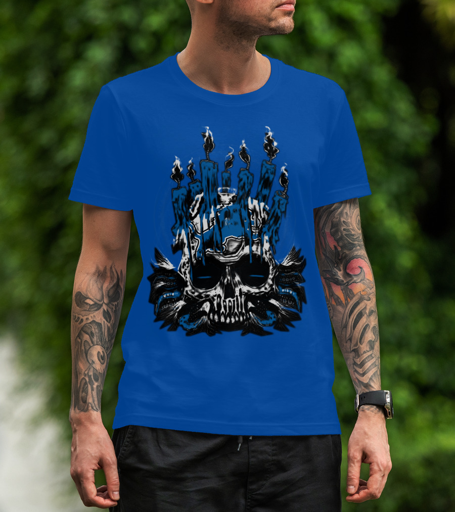 Detroit Lions Skull With Blue Flames And Candles T-Shirt
