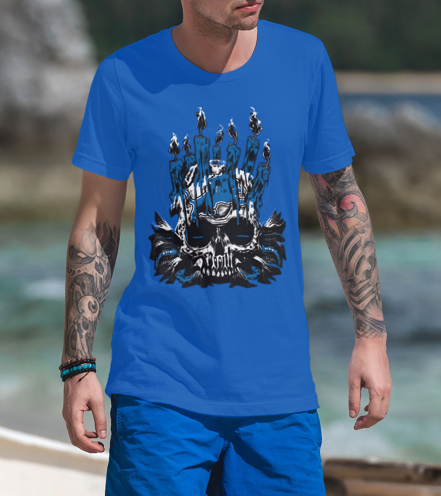 Detroit Lions Skull With Blue Flames And Candles T-Shirt