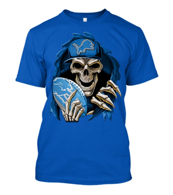 Skullbong Detroit Lions Skeleton Holding Football In Detroit Lions Cap T-Shirt