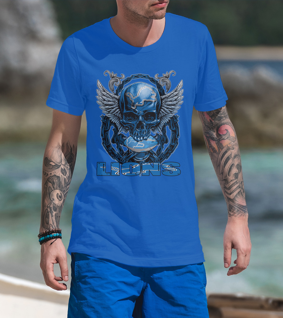 Winged Skull Detroit Lions Emblem Blue Silver Chains T-Shirt