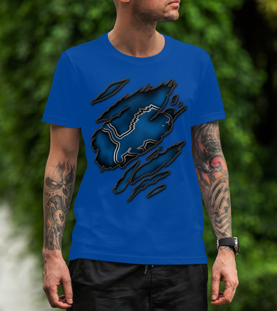 Torn Detroit Lions Blue Texture With Iconic Lion Logo In Claw Marks T-Shirt