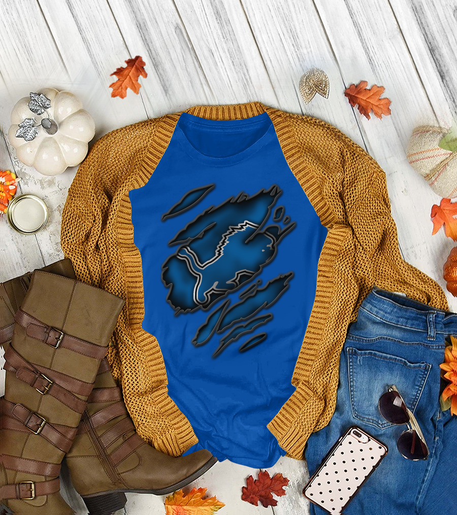 Torn Detroit Lions Blue Texture with Iconic Lion Logo in Claw Marks T-Shirt