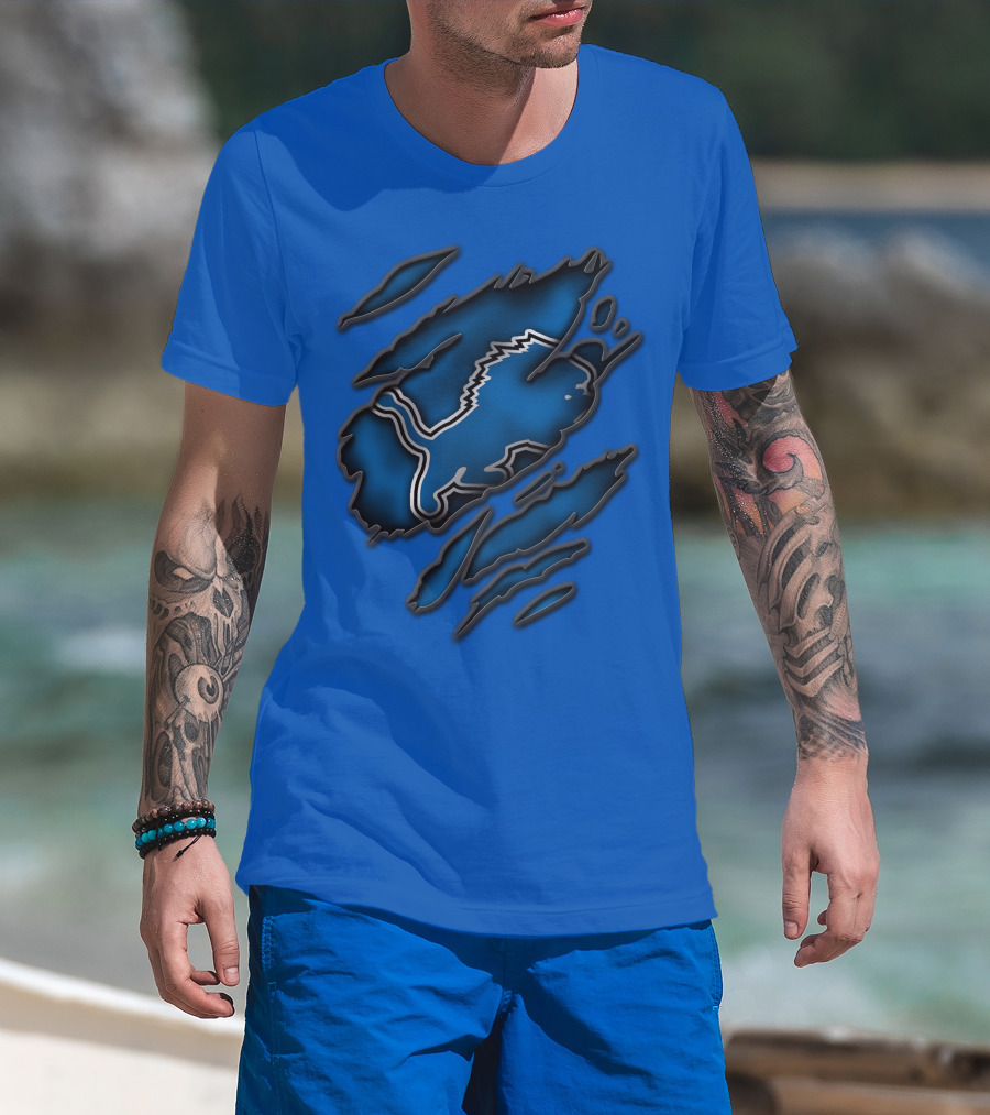 Torn Detroit Lions Blue Texture With Iconic Lion Logo In Claw Marks T-Shirt