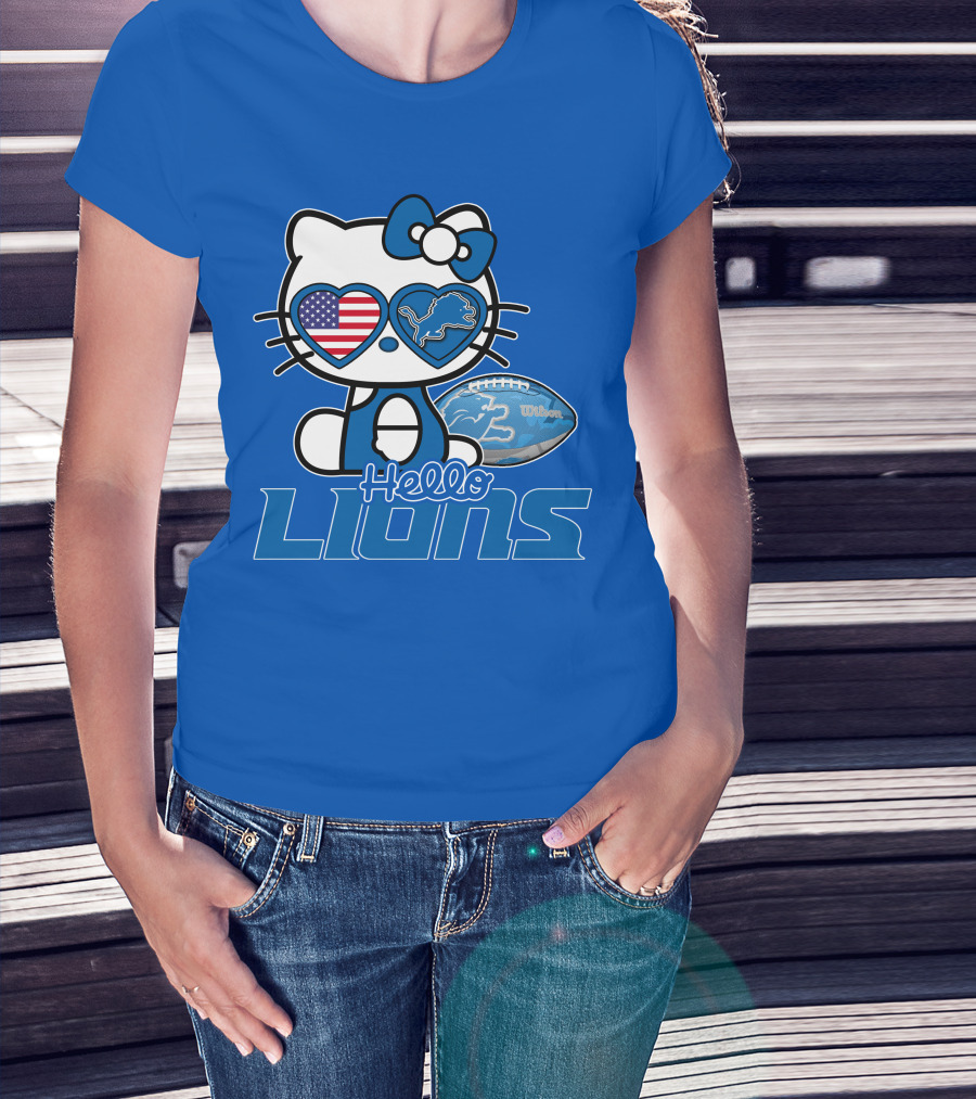 Hello Kitty Usa Detroit Lions Football Heart Glasses T-Shirt