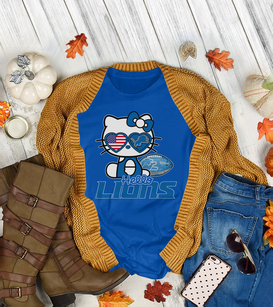 Hello Kitty Usa Detroit Lions Football Heart Glasses T-Shirt