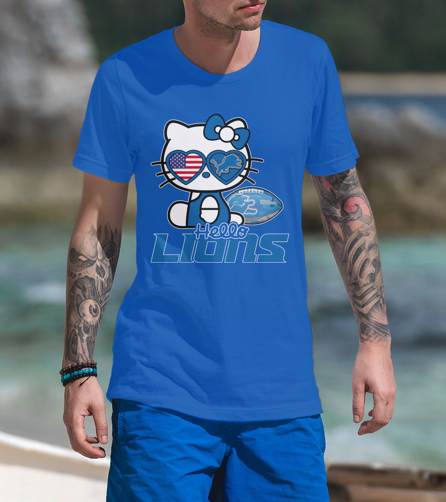 Hello Kitty Usa Detroit Lions Football Heart Glasses T-Shirt