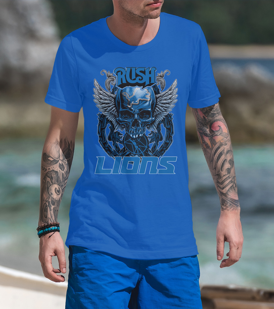 Rush Detroit Lions Skull With Wings And Chains T-Shirt