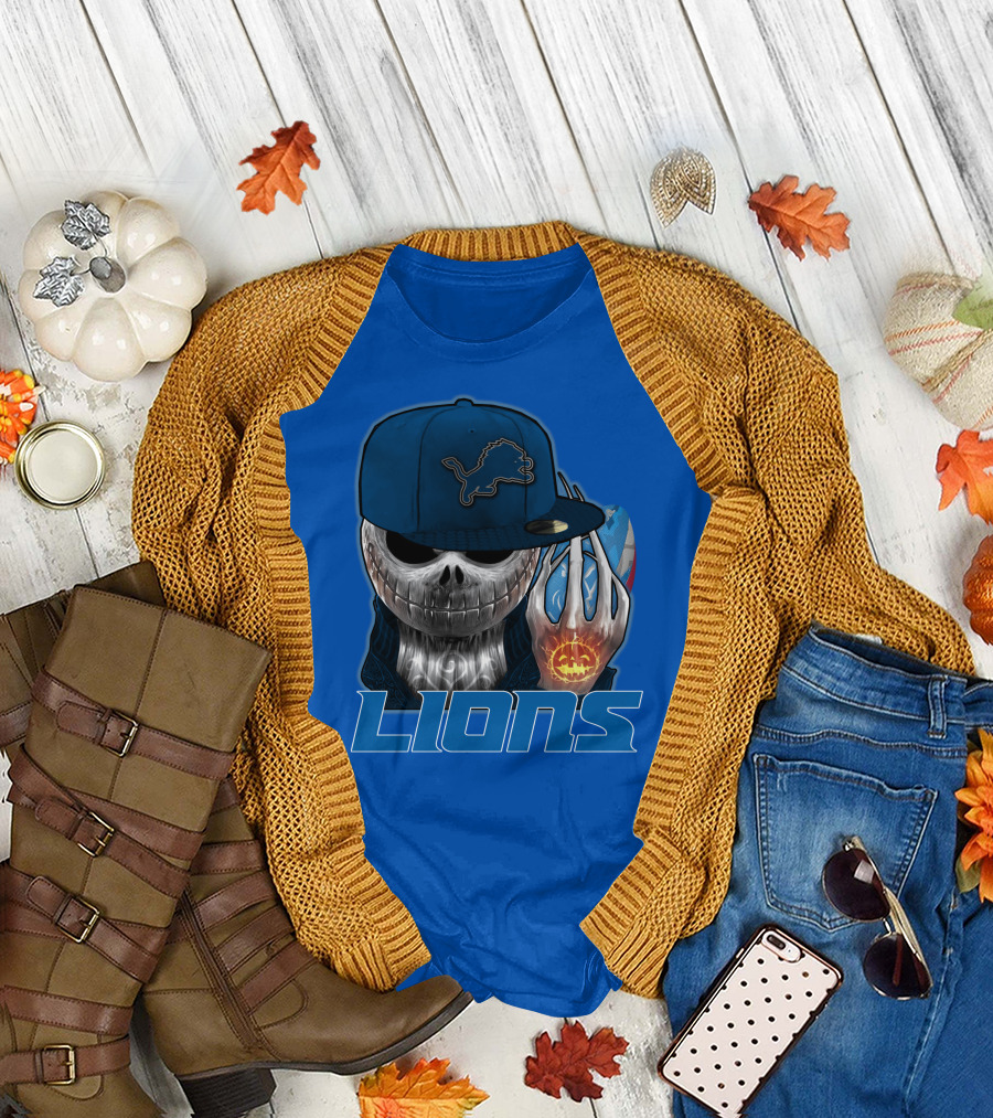 LIONS Jackskull Detroit Football Pumpkin Face Cap T-Shirt