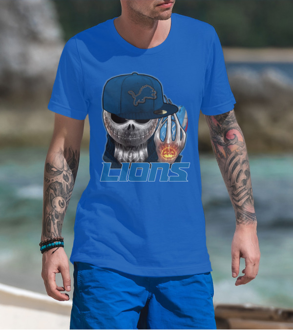 LIONS Jackskull Detroit Football Pumpkin Face Cap T-Shirt