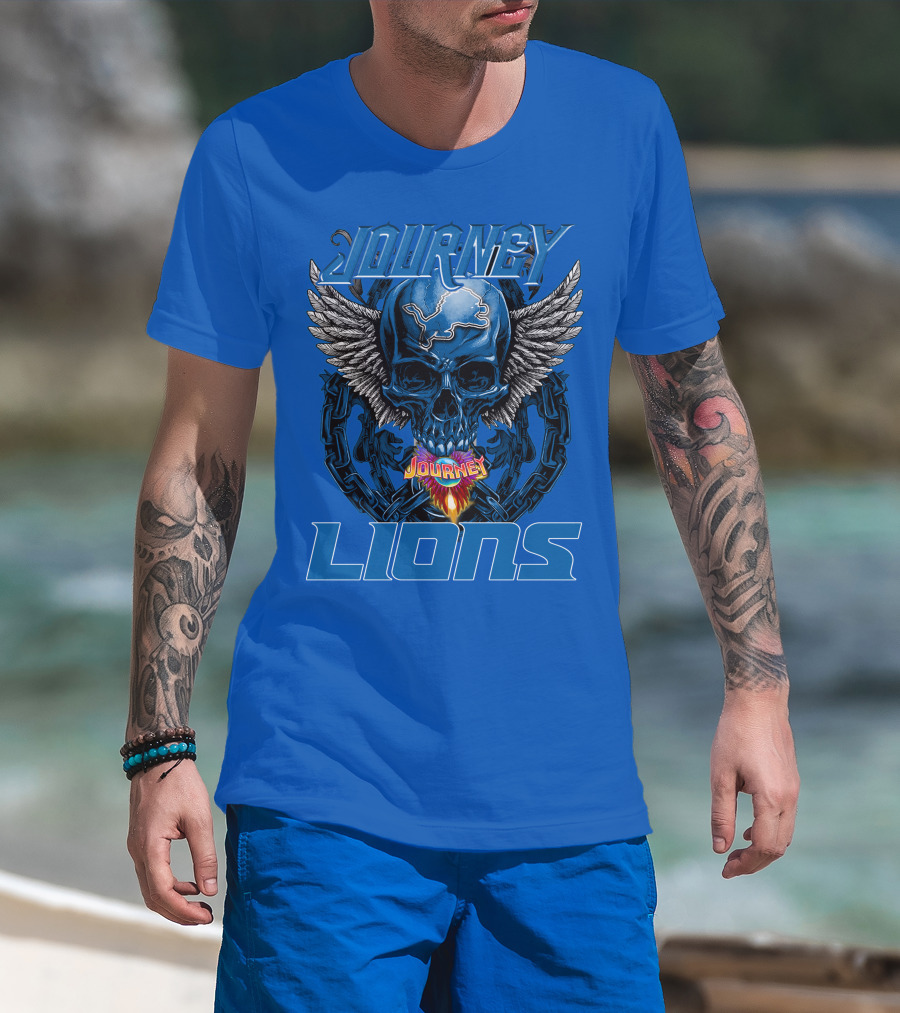 Journey Detroit Lions Skull Wings Flame Chain T-Shirt