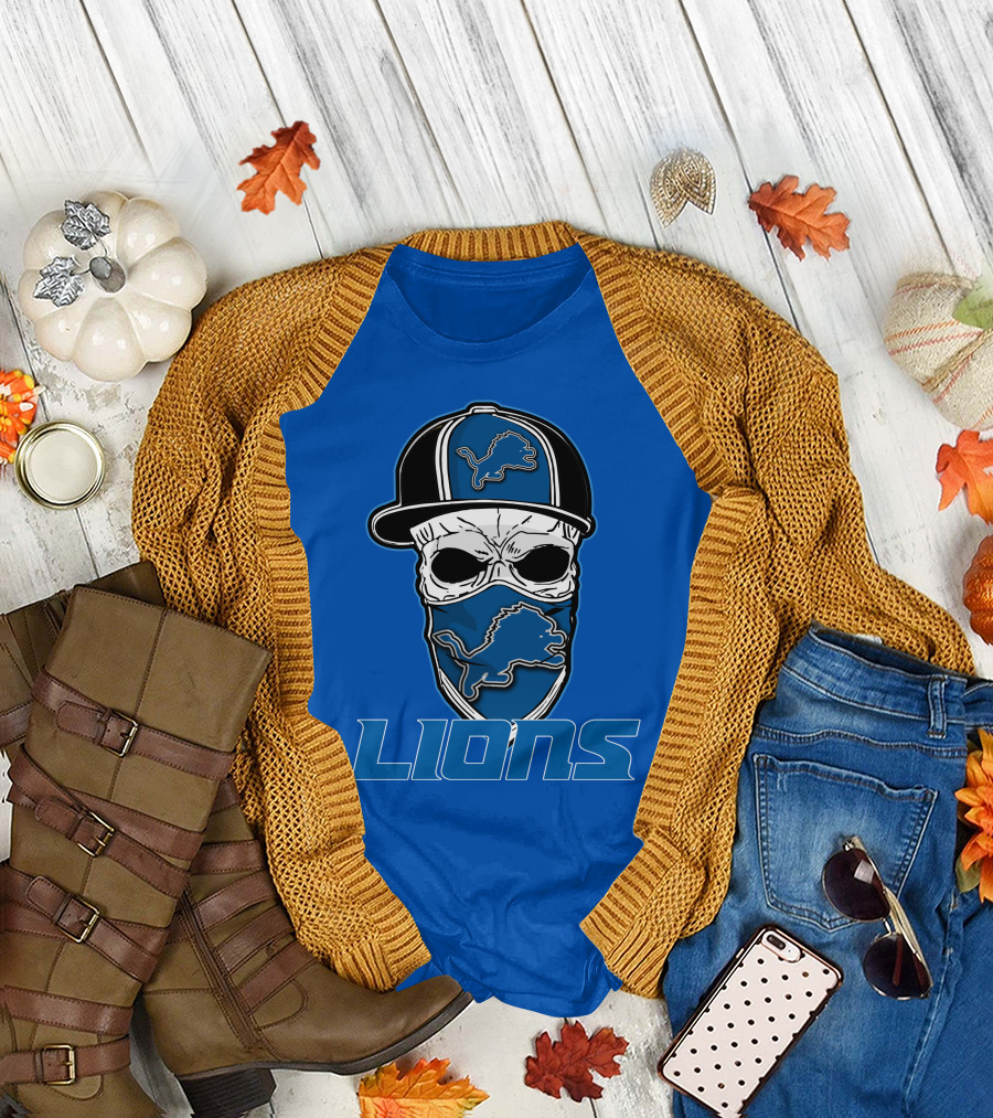 Detroit Lions Skull Hat Face Cover LIONS T-Shirt