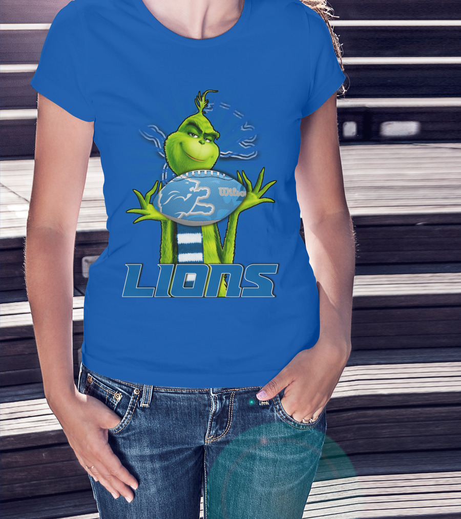 Grinch Holding Detroit Lions Football Blue T-Shirt