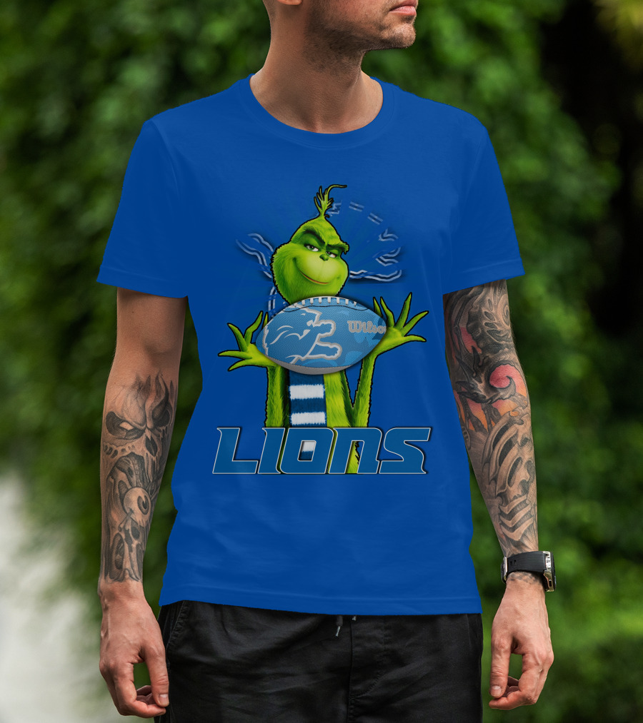 Grinch Holding Detroit Lions Football Blue T-Shirt