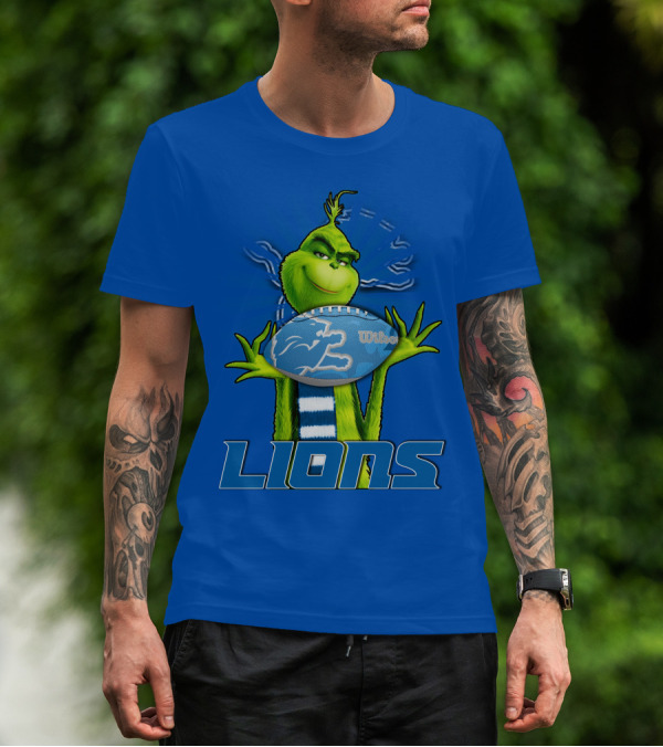 Grinch Holding Detroit Lions Football Blue T-Shirt
