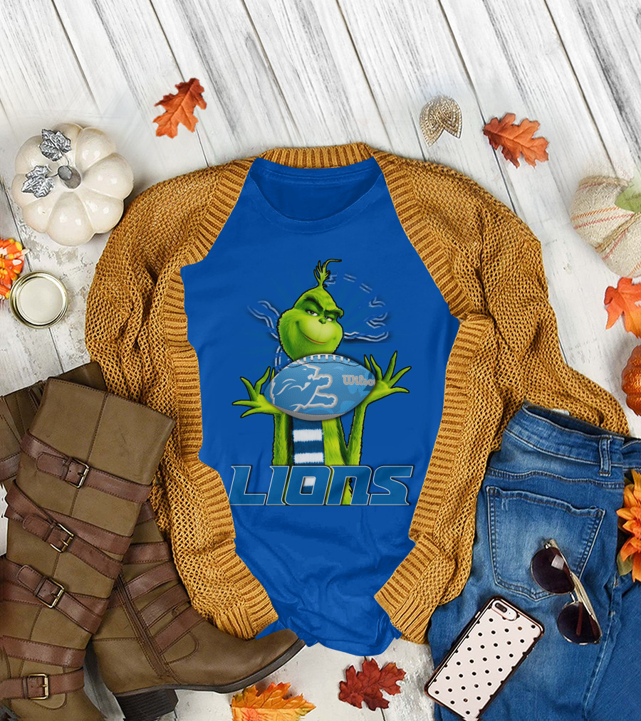Grinch Holding Detroit Lions Football Blue T-Shirt