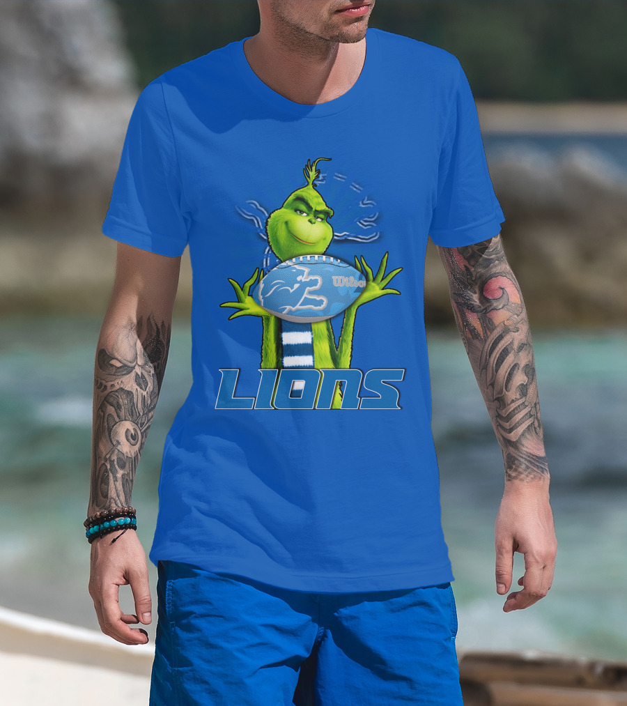 Grinch Holding Detroit Lions Football Blue T-Shirt