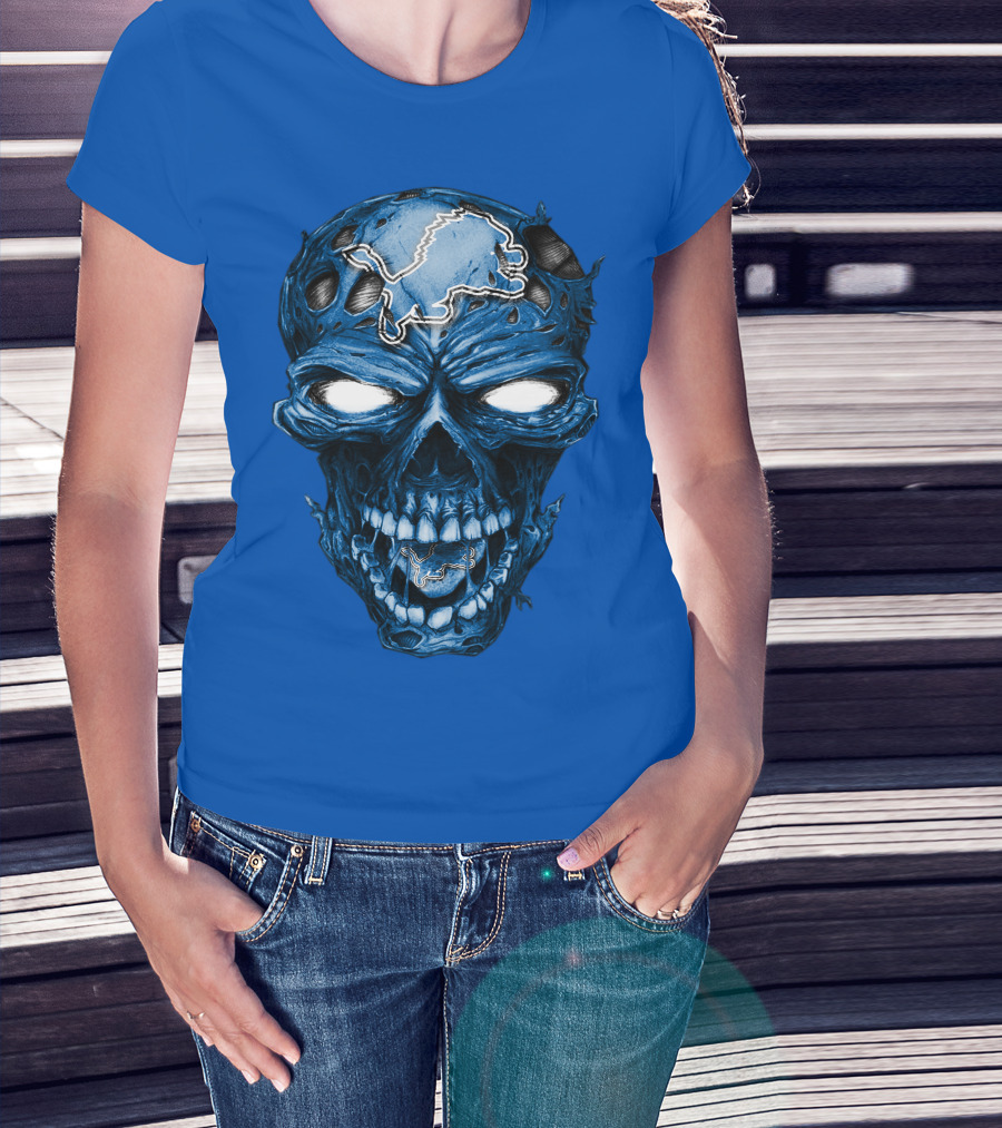 Skull Detroit Lions Distressed Blue Grunge T-Shirt