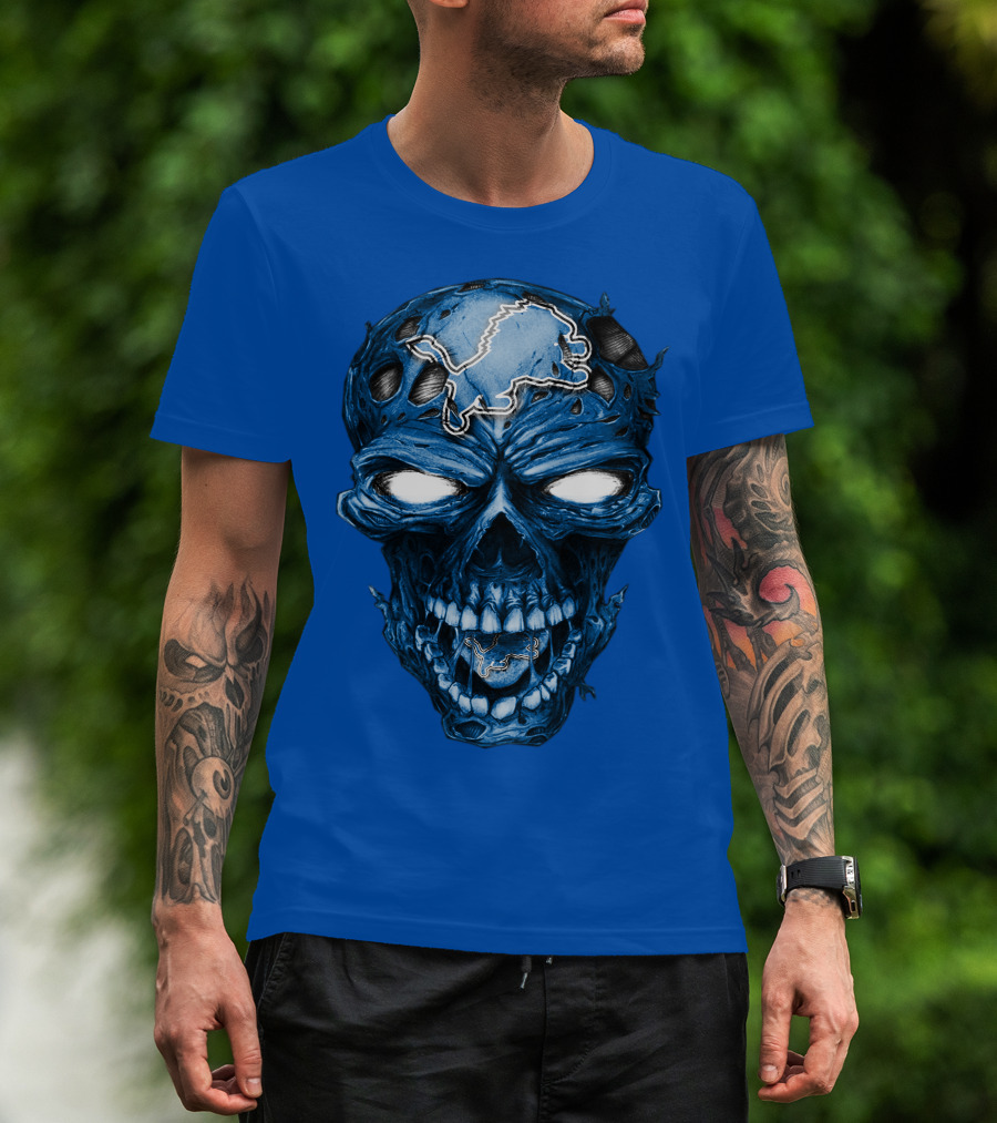 Skull Detroit Lions Distressed Blue Grunge T-Shirt