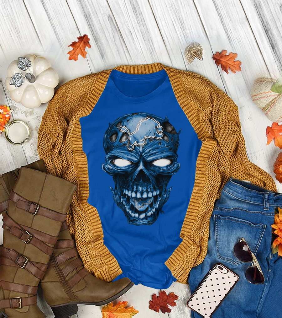 Skull Detroit Lions Distressed Blue Grunge T-Shirt