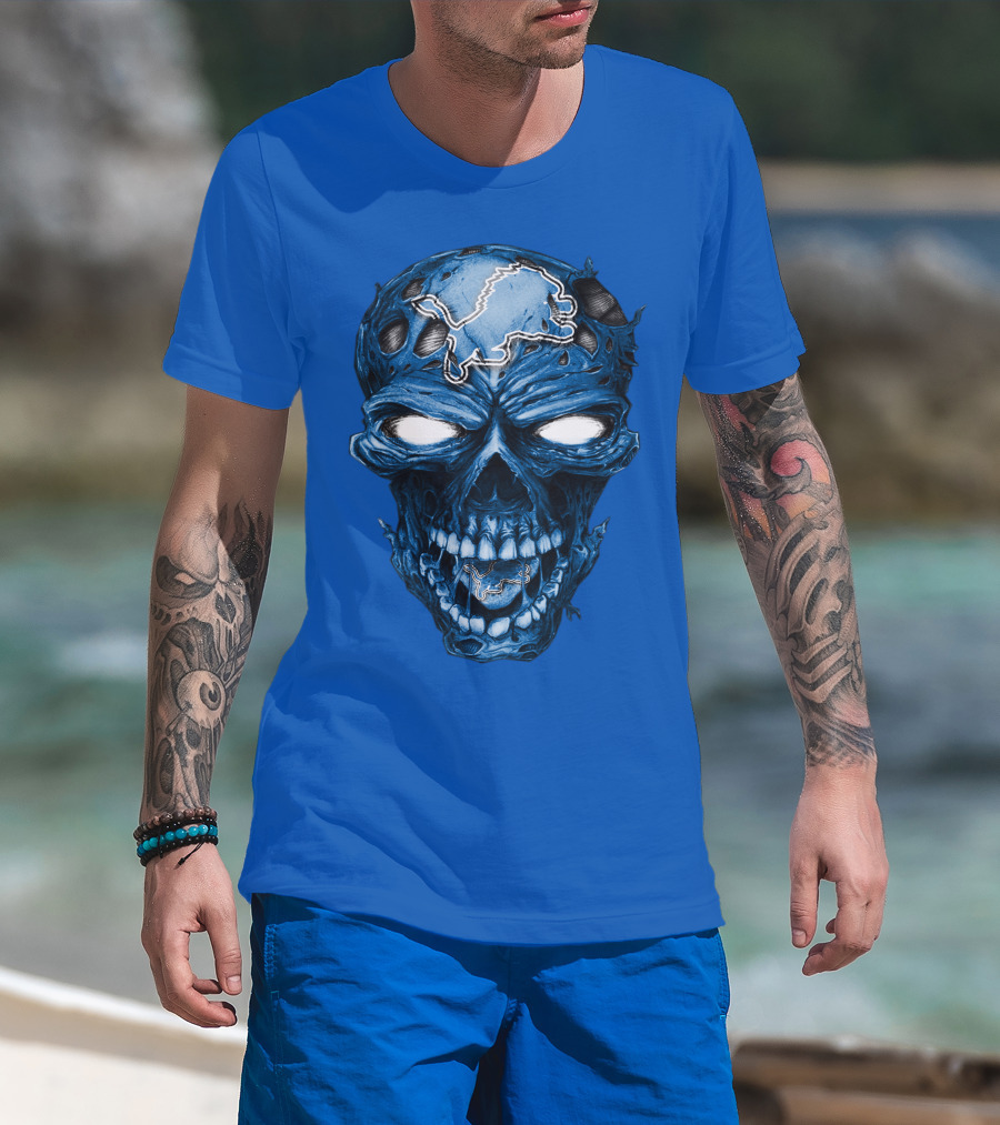 Skull Detroit Lions Distressed Blue Grunge T-Shirt