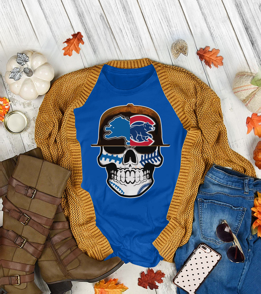 Detroit Lions Chicago Cubs Mashup Skull T-Shirt