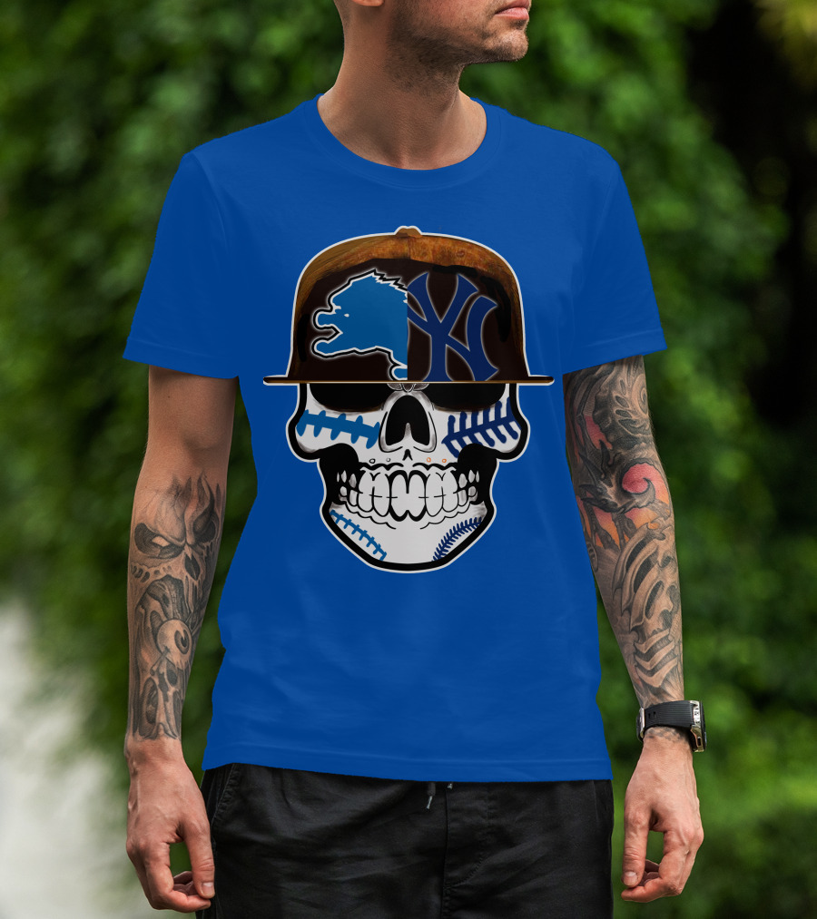 Detroit Lions Yankees Skull Blue Baseball Hat 74 T-Shirt