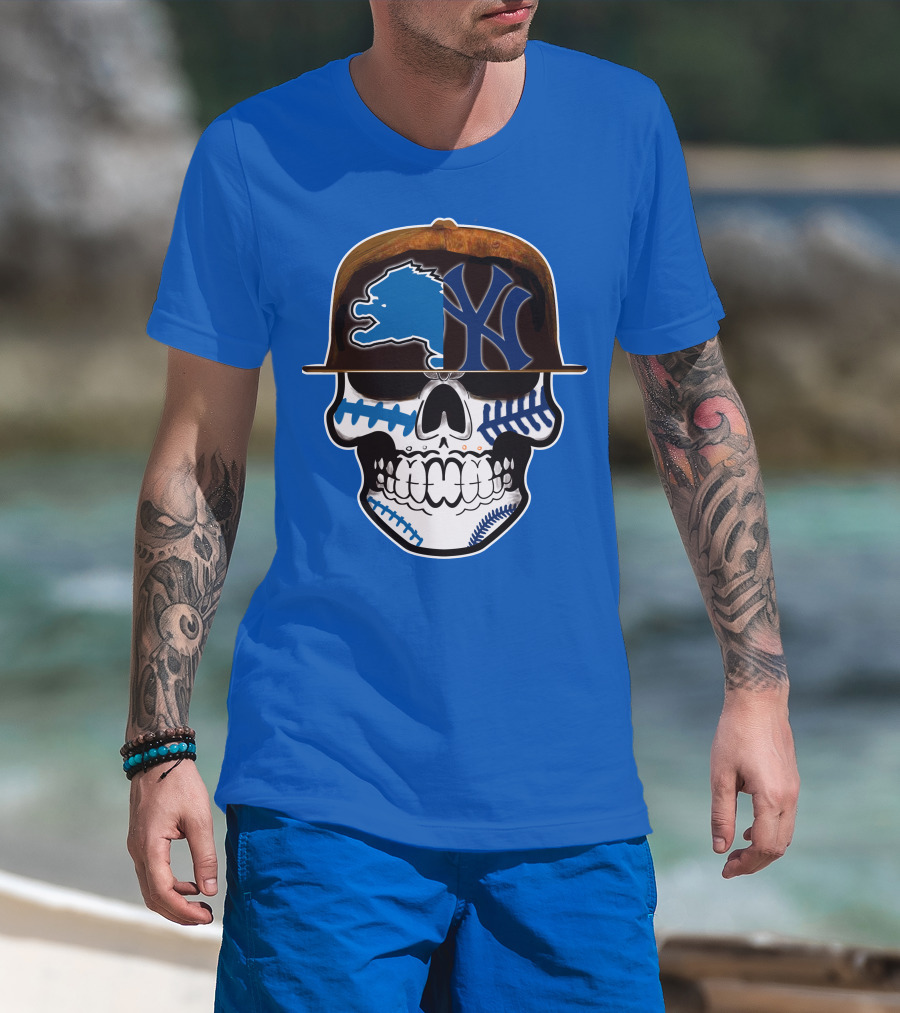Detroit Lions Yankees Skull Blue Baseball Hat 74 T-Shirt