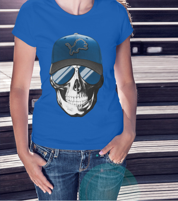Skull Wearing Detroit Lions Cap With Reflective Sunglasses T-Shirt